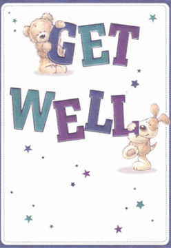 There's a distinct sense of comfort and hope woven throughout this get well card, reminiscent of the nurturing bouquets crafted for families along Springfield Road in Chelmsford. At the centre, a cuddly teddy bear clings with gentle determination atop the bold "GET," while a spirited puppy brings a spark of lightness, warmly nuzzled at the base of "WELL." Their soft, plush fur is so lovingly depicted it's as if you could almost reach out and feel it between your fingers-much like the delicate petals in a well-chosen arrangement. The expressive faces of both friends capture that rare blend of innocence and encouragement, turning a simple message into a heartfelt connection. The typography's deep purple and teal tones, set against a pristine white background, create a mood both vibrant and reassuring, akin to the first rays of sunshine streaming through Chelmsford's Hylands Park. Scattered stars evoke the little wishes we pass between each other in times of need, twinkling in shades of blue and violet like forget-me-nots peeking from a hand-tied bouquet. This card, with its thoughtful artistry and gentle optimism, shares the spirit of Flower Delivery Chelmsford-each element carefully designed to brighten someone's path, wherever in town they may be.