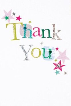 This thank you card offers a delightfully jubilant theme, the two words artfully stitched in playful fonts-each letter bursting with its own personality. Swaths of lime, teal, fuchsia, and glimmering silver transform the greeting into a tapestry of lively character, with undertones reminiscent of the colourful houses along Chelmer Village. Scattered stars in radiant magenta, soft teal, and gentle gold evoke confetti tossed after a joyful celebration in Hylands Park, their soft shimmer catching the afternoon light just so. The textured print and hints of glitter lend a handcrafted quality, inviting the fingertips to trace the outlines of appreciation. Against the pure white backdrop, every hue and flourish pops in perfect harmony, reminiscent of the balance in a well-composed floral bouquet from a local Chelmsford florist. This card exudes an air of heartfelt thanks, suggesting it would be right at home accompanying a burst of freshly cut blooms sent to a loved one or colleague. The design reflects thoughtful artistry and the creative touch so often found in our community-genuine, bright, and always making the recipient feel special.